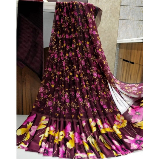 Women's Satin Patta Printed Saree With Unstitched Blouse (Purple)