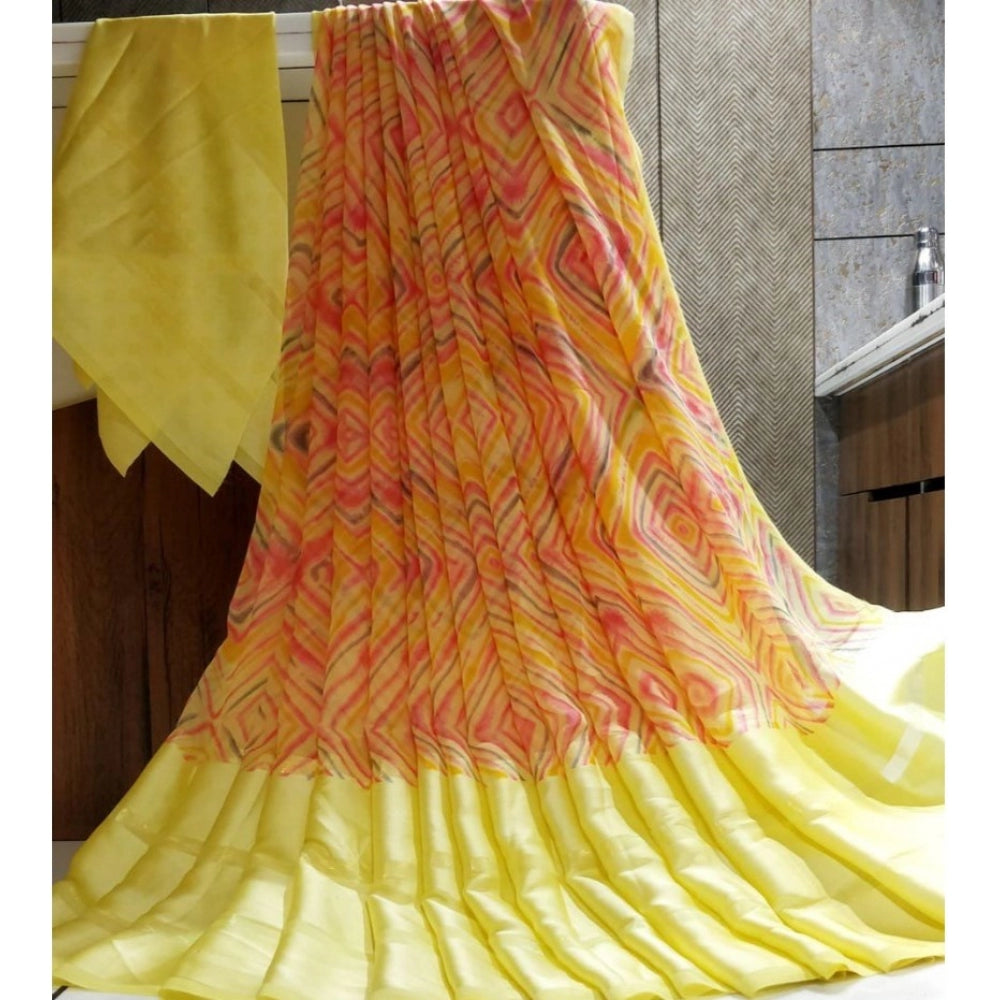 Women's Satin Patta Printed Saree With Unstitched Blouse (Yellow)