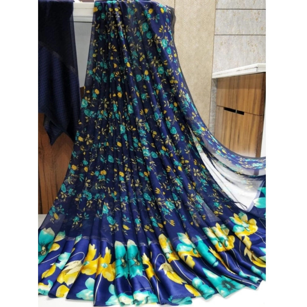 Women's Satin Patta Printed Saree With Unstitched Blouse (Blue)