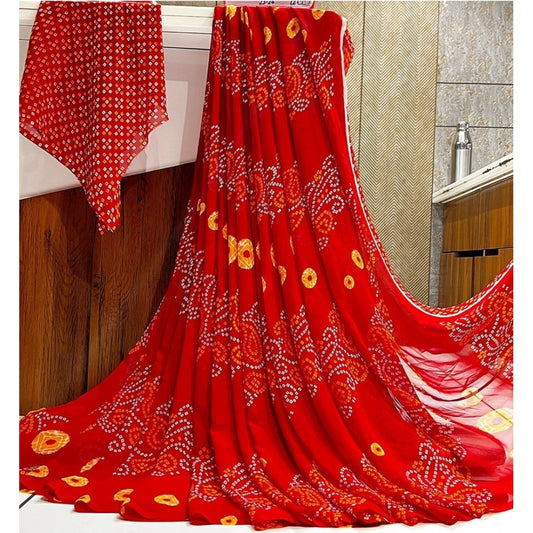 Women's Georgette Printed Saree With Unstitched Blouse (Red)