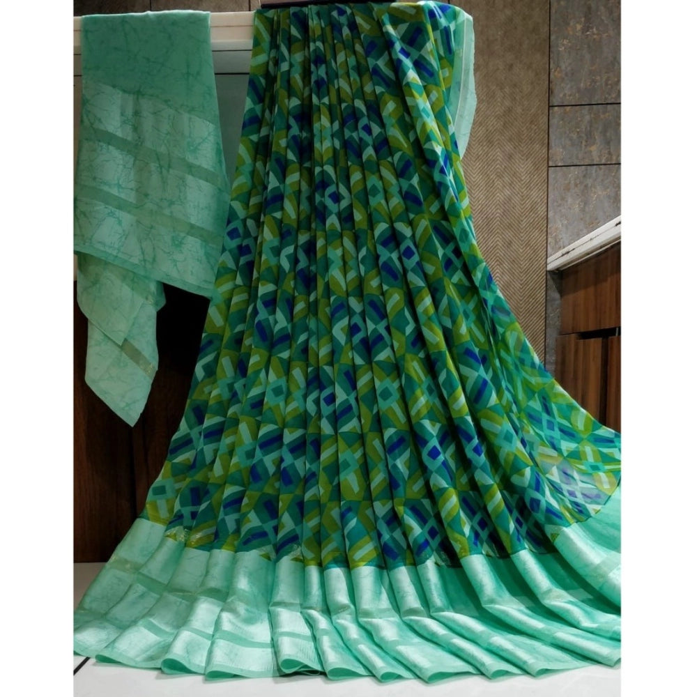 Women's Satin Patta Printed Saree With Unstitched Blouse (Teal)