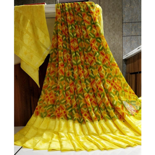 Women's Satin Patta Printed Saree With Unstitched Blouse (Yellow)