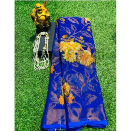 Women's Viscose Rayon Printed Saree With Unstitched Blouse (Royal Blue)