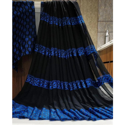 Women's Satin Patta Printed Saree With Unstitched Blouse (Blue)