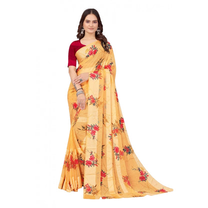 Women's Satin Patta Printed Saree With Unstitched Blouse (Beige)