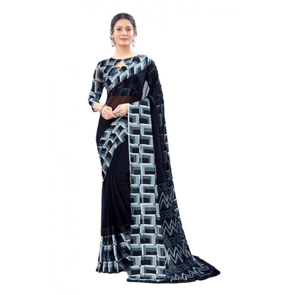 Women's Satin Patta Printed Saree With Unstitched Blouse (Black)