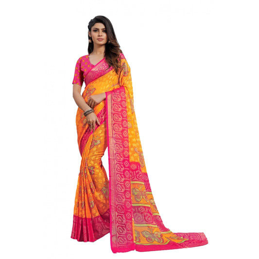 Women's Viscose Rayon Printed Saree With Unstitched Blouse (Yellow)