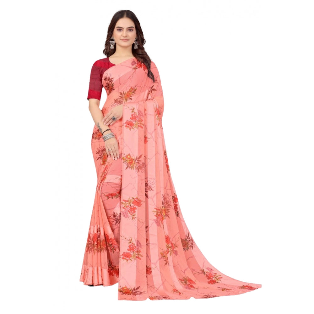 Women's Satin Patta Printed Saree With Unstitched Blouse (Peach)