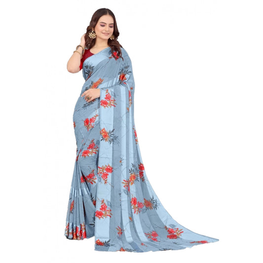 Women's Satin Patta Printed Saree With Unstitched Blouse (Grey)