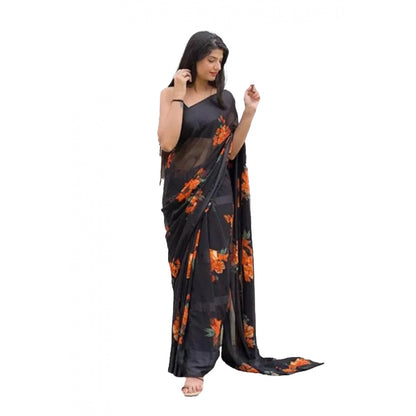 Women's Satin Patta Printed Saree With Unstitched Blouse (Orange)