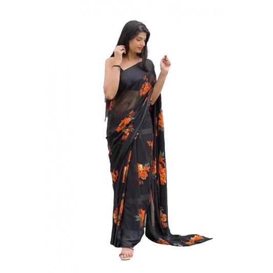 Women's Satin Patta Printed Saree With Unstitched Blouse (Orange)