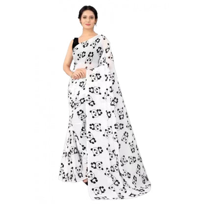 Women's Georgette Printed Saree With Unstitched Blouse (White)