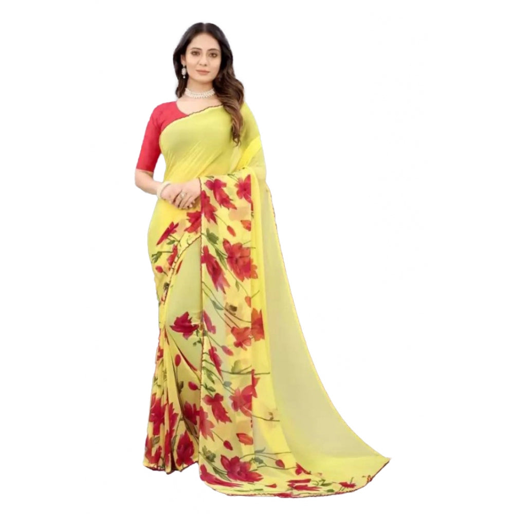 Women's Georgette Printed Saree With Unstitched Blouse (Yellow)