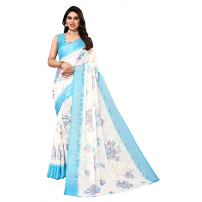 Women's Viscose Rayon Printed Saree With Unstitched Blouse (Sky Blue)