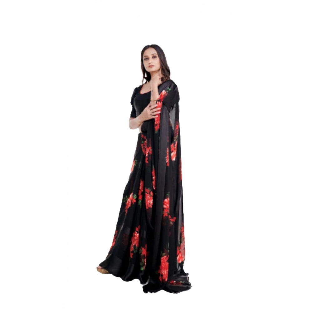 Women's Satin Patta Printed Saree With Unstitched Blouse (Red)