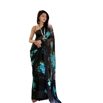 Women's Satin Patta Printed Saree With Unstitched Blouse (Blue)