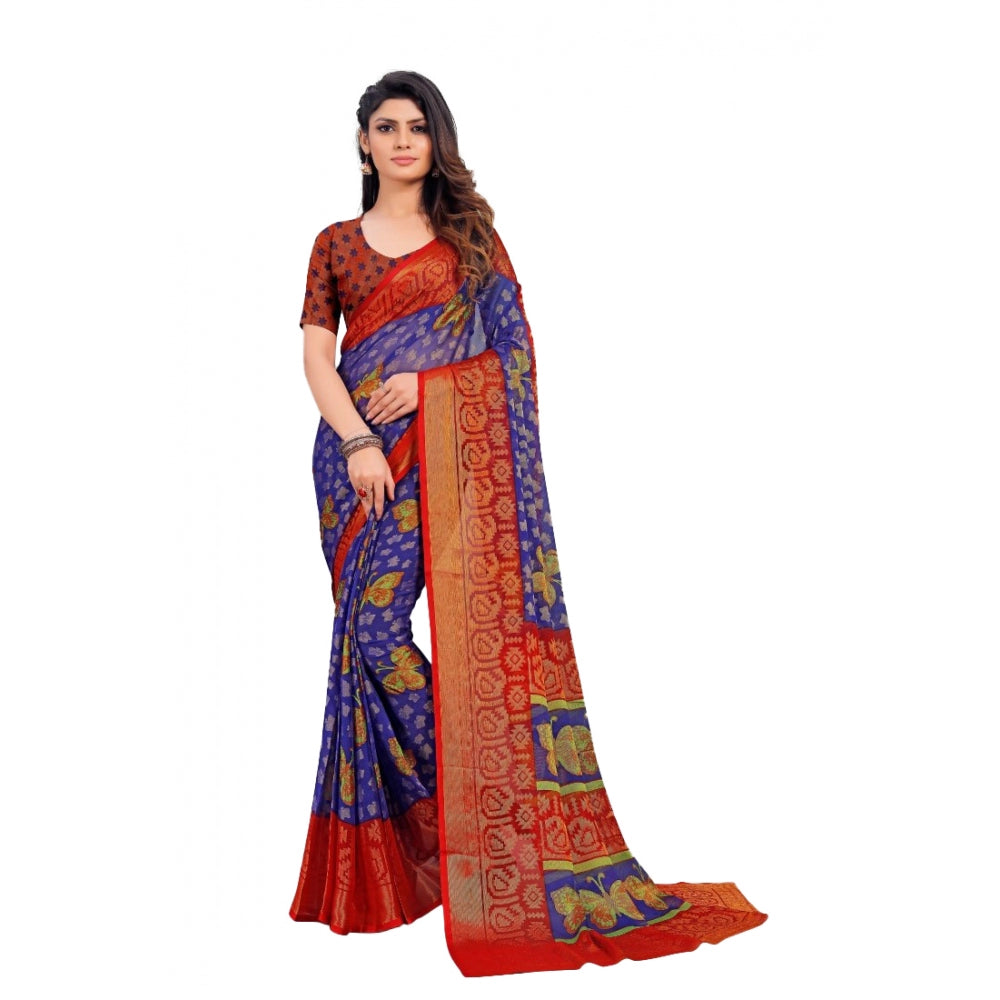 Women's Viscose Rayon Printed Saree With Unstitched Blouse (Blue)