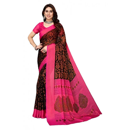 Women's Viscose Rayon Printed Saree With Unstitched Blouse (Black)