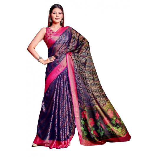 Women's Viscose Rayon Printed Saree With Unstitched Blouse (Navy Blue)