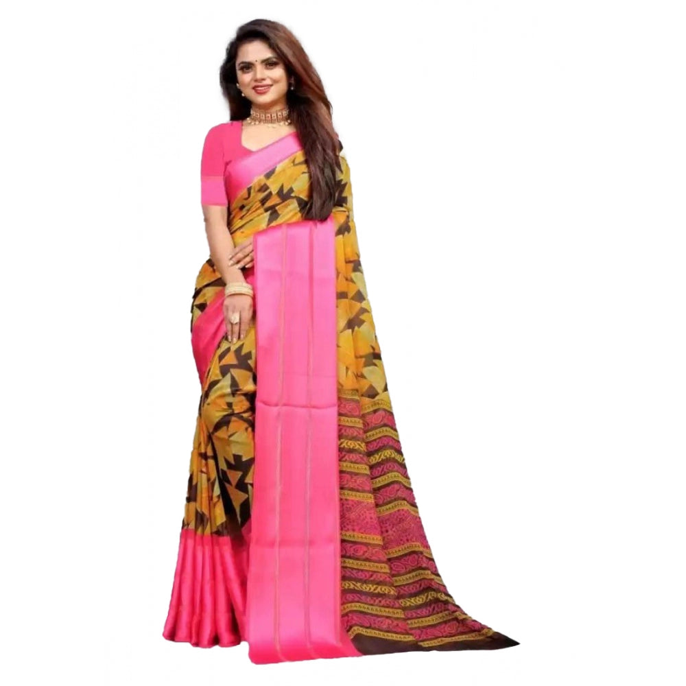 Women's Satin Patta Printed Saree With Unstitched Blouse (Pink)