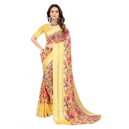 Women's Satin Patta Printed Saree With Unstitched Blouse (Yellow)