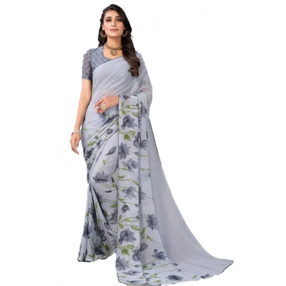 Women's Georgette Printed Saree With Unstitched Blouse (Grey)