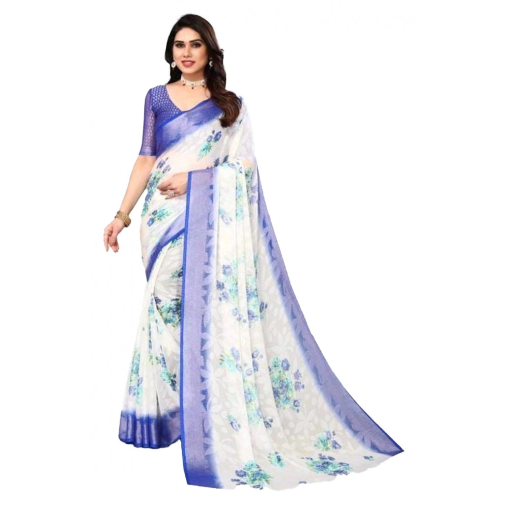 Women's Viscose Rayon Printed Saree With Unstitched Blouse (Blue)