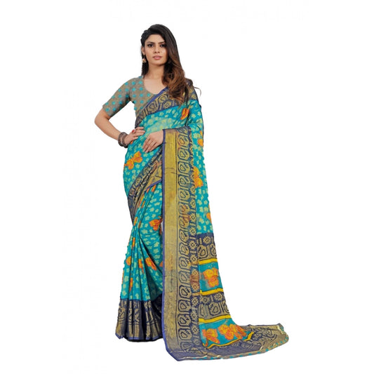 Women's Viscose Rayon Printed Saree With Unstitched Blouse (Sky Blue)