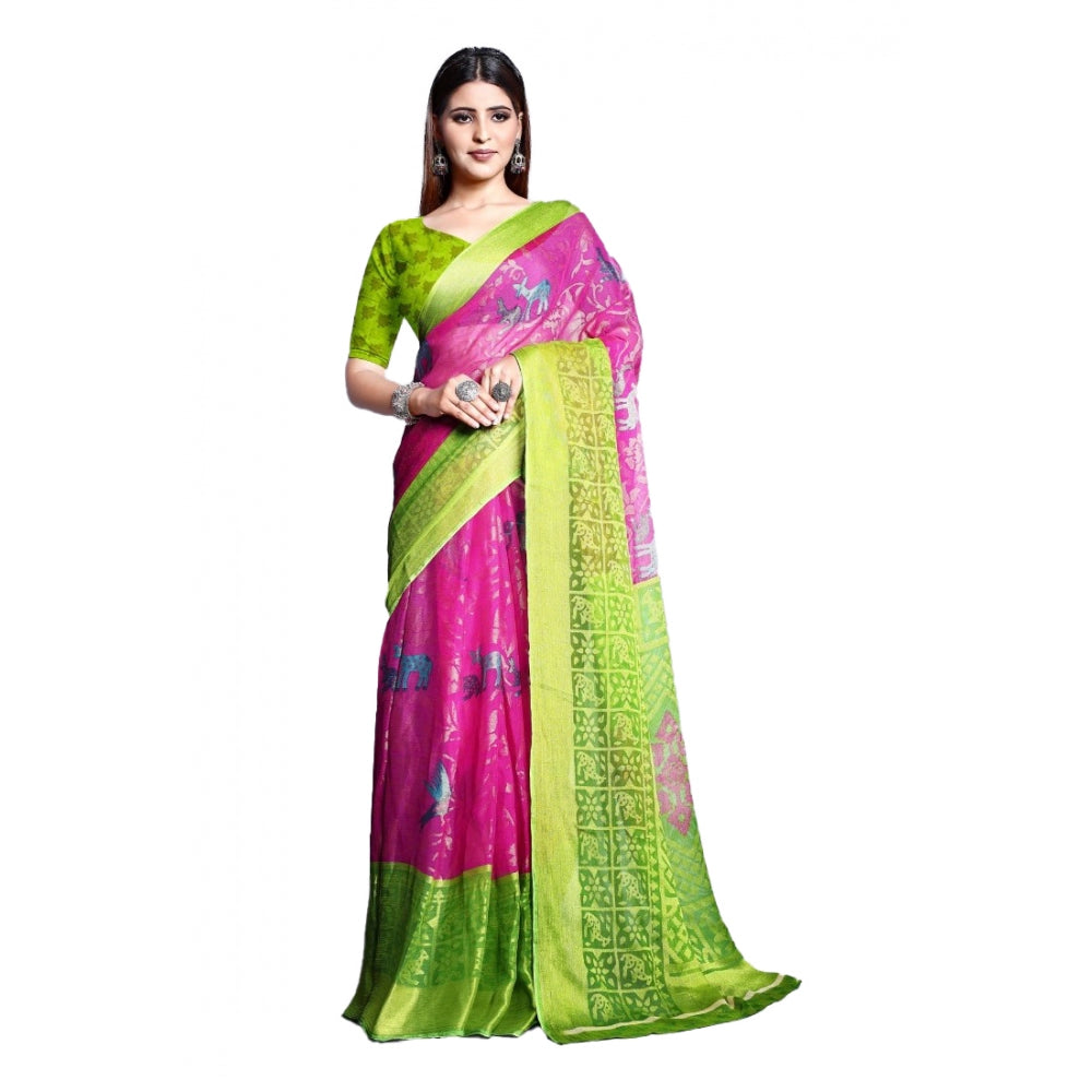 Women's Viscose Rayon Printed Saree With Unstitched Blouse (Pink)