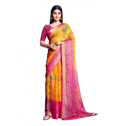 Women's Viscose Rayon Printed Saree With Unstitched Blouse (Yellow)