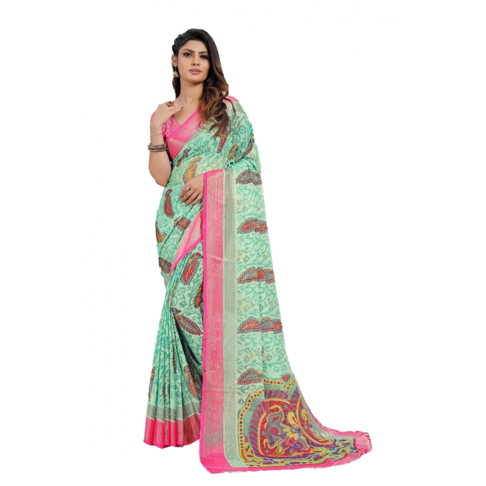 Women's Viscose Rayon Printed Saree With Unstitched Blouse (Teal)