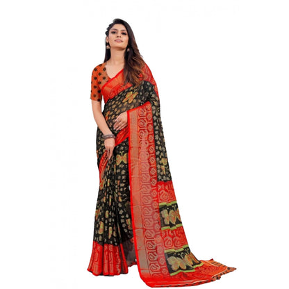 Women's Viscose Rayon Printed Saree With Unstitched Blouse (Black)