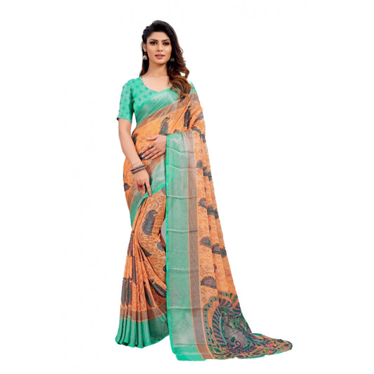 Women's Viscose Rayon Printed Saree With Unstitched Blouse (Orange)