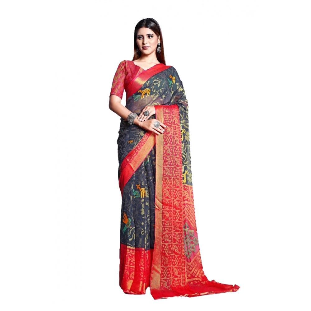 Women's Viscose Rayon Printed Saree With Unstitched Blouse (Grey)