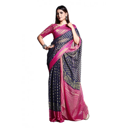 Women's Viscose Rayon Printed Saree With Unstitched Blouse (Navy Blue)