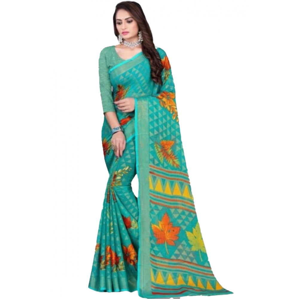 Women's Viscose Rayon Printed Saree With Unstitched Blouse (Teal)