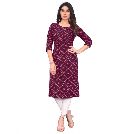 Generic Women's Casual 3/4th Sleeve Bandhani Printed Crepe Kurti (Wine)