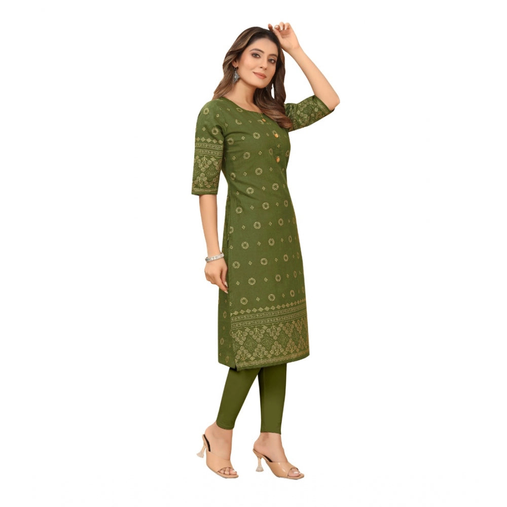 Generic Women's Casual 3/4th Sleeve Foil Gold Printed Ruby Cotton Kurti (Dark Green)