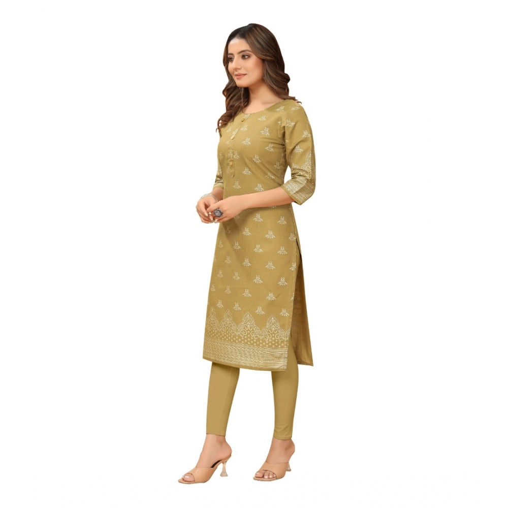 Generic Women's Casual 3/4th Sleeve Foil Gold Printed Ruby Cotton Kurti (Mustard)