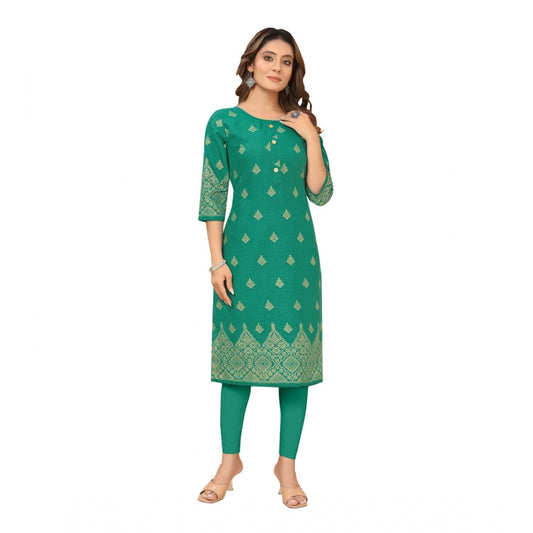 Generic Women's Casual 3/4th Sleeve Foil Gold Printed Ruby Cotton Kurti (Green)