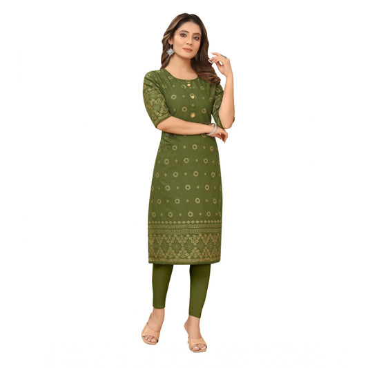 Generic Women's Casual 3/4th Sleeve Foil Gold Printed Ruby Cotton Kurti (Dark Green)