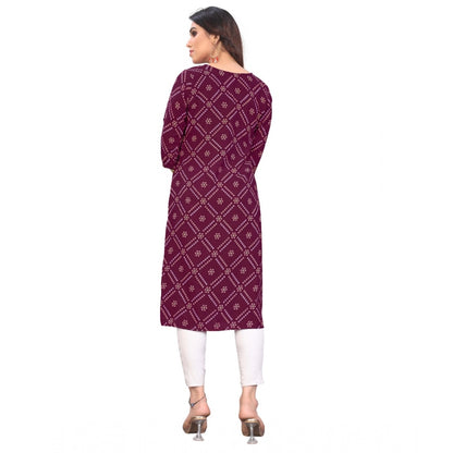 Generic Women's Casual 3/4th Sleeve Bandhani Printed Crepe Kurti (Wine)