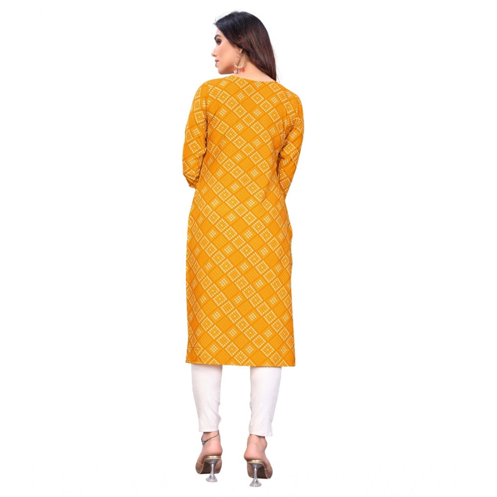 Generic Women's Casual 3/4th Sleeve Bandhani Printed Crepe Kurti (Yellow)