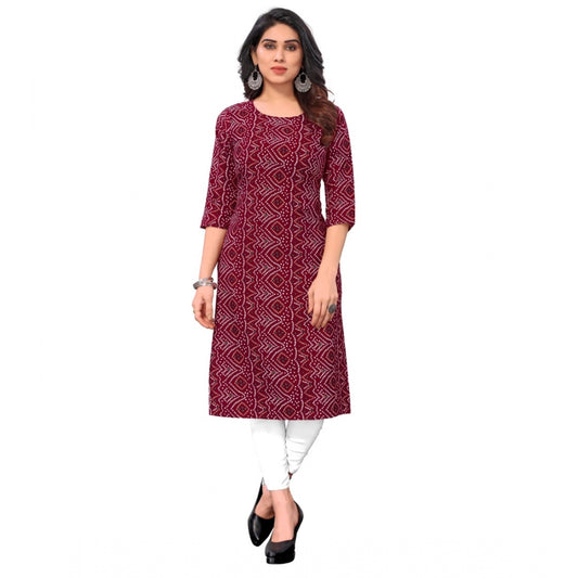 Generic Women's Casual 3/4th Sleeve Bandhani Printed Crepe Kurti (Maroon)