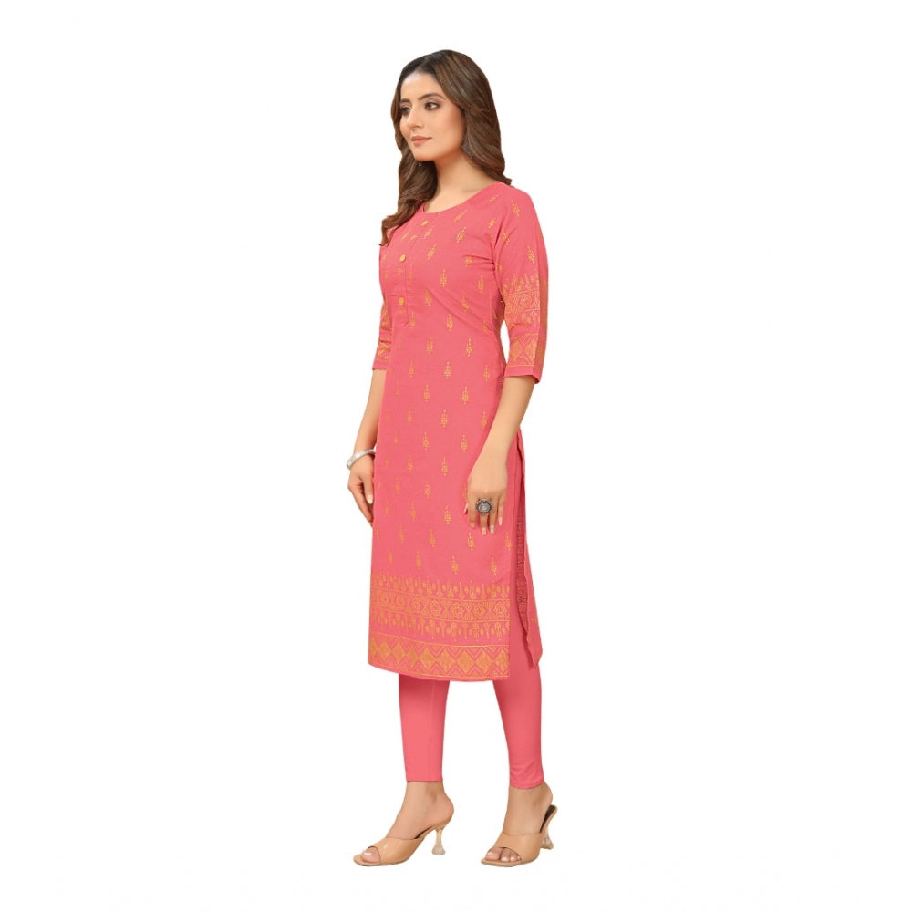 Generic Women's Casual 3/4th Sleeve Foil Gold Printed Ruby Cotton Kurti (Peach)