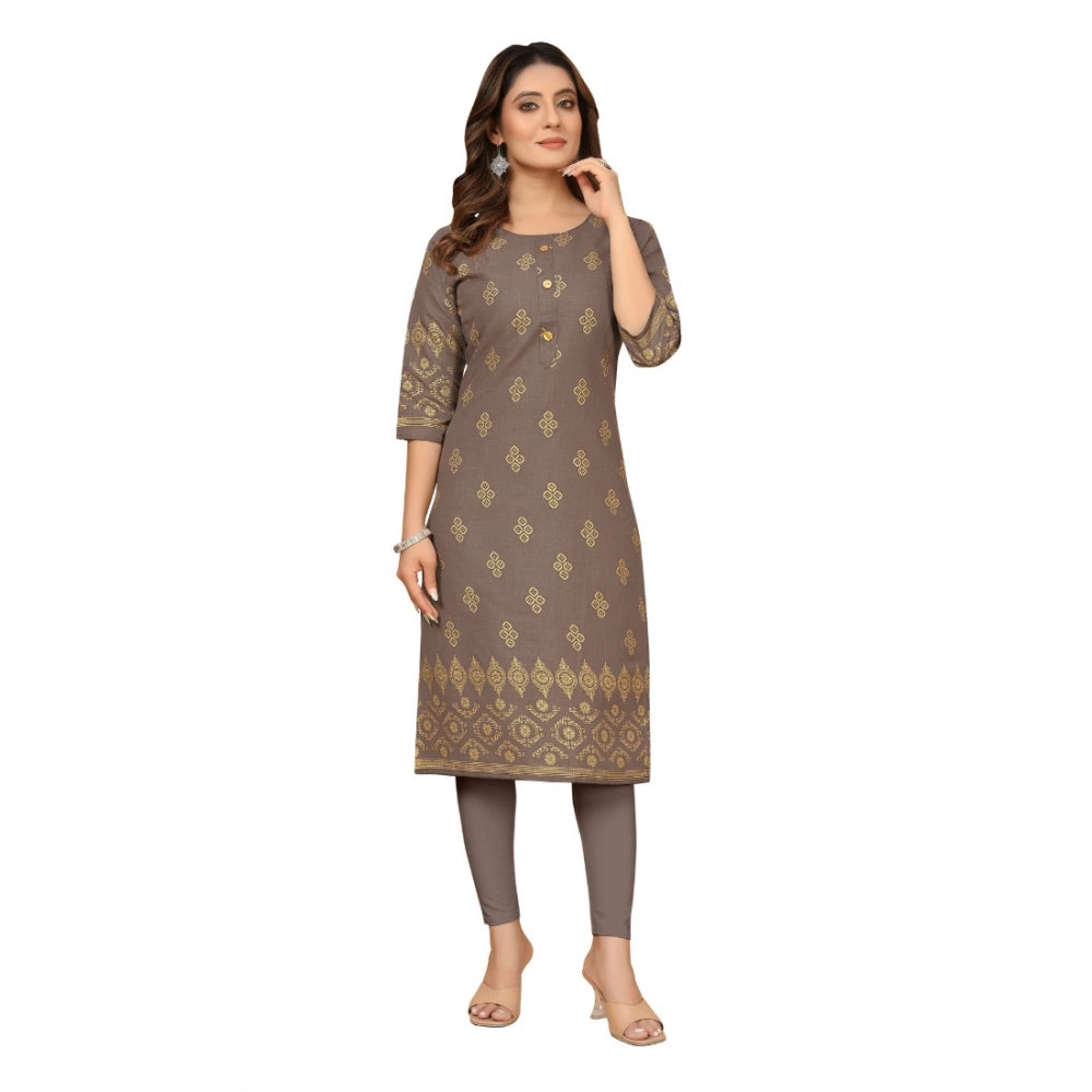 Generic Women's Casual 3/4th Sleeve Foil Gold Printed Ruby Cotton Kurti (Brown)