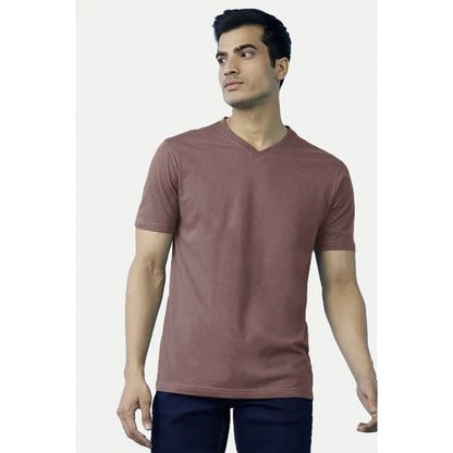 Men's Casual Half sleeve Solid Cotton V Neck T-shirt (Light Brown)