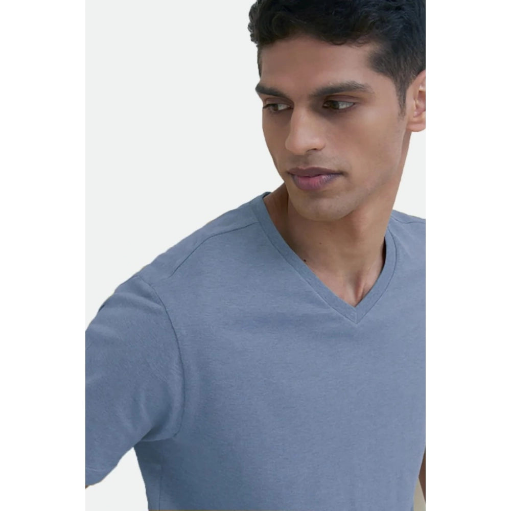 Men's Casual Half sleeve Solid Cotton V Neck T-shirt (Blue)