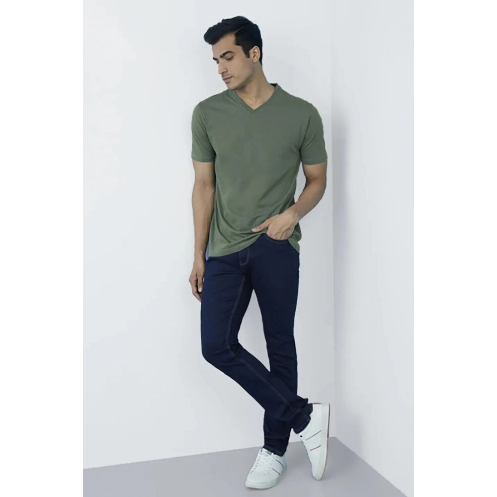 Men's Casual Half sleeve Solid Cotton V Neck T-shirt (Green)