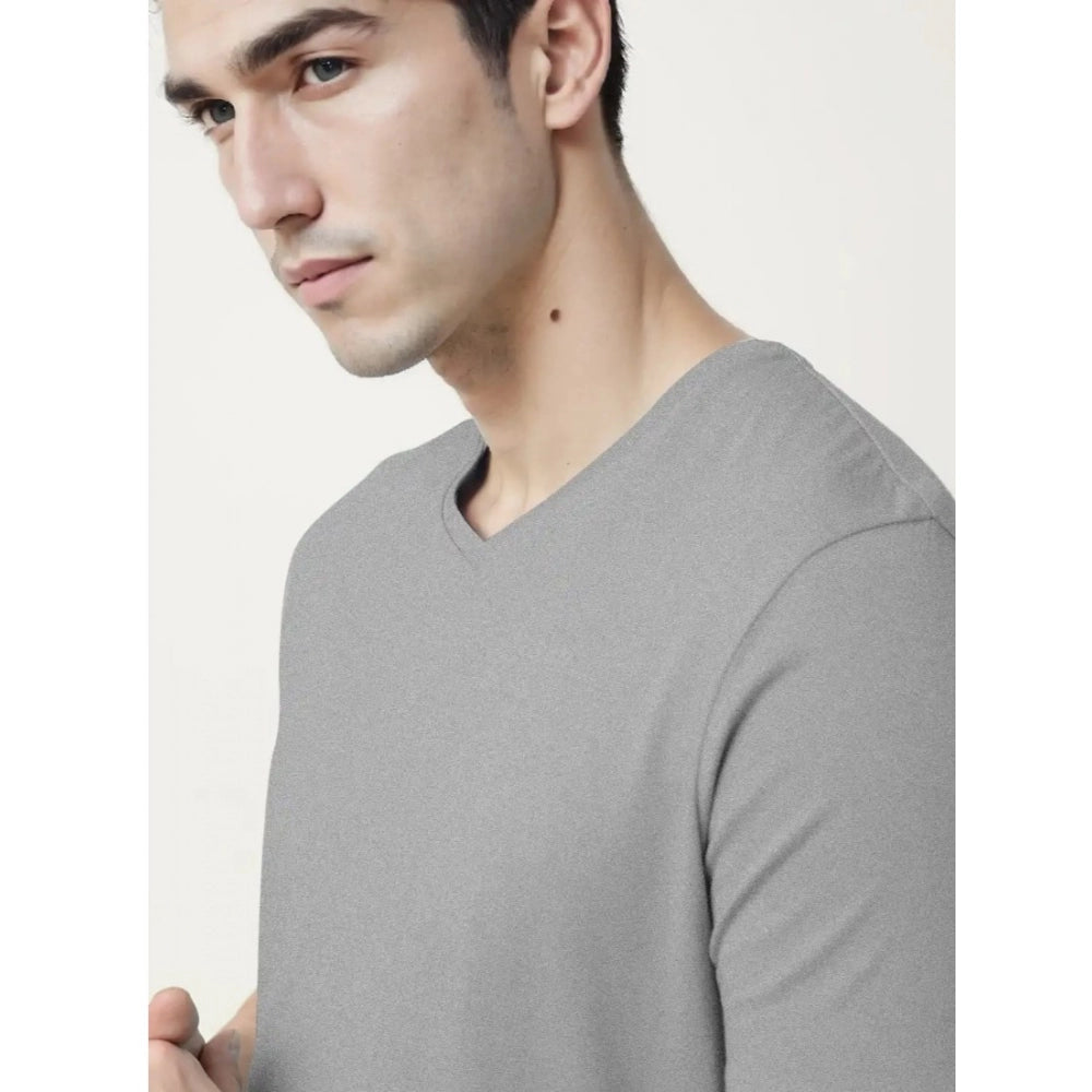 Men's Casual Half sleeve Solid Cotton V Neck T-shirt (Grey Melange)